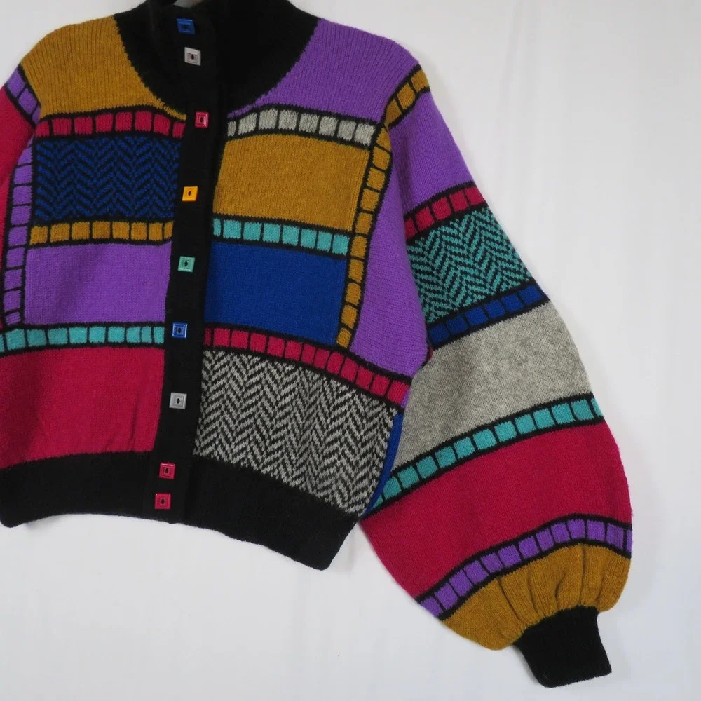 Kotki Dwa Scotland Wool‎ Patchwork Cardigan Sweater Colorful Knit Handmade Small